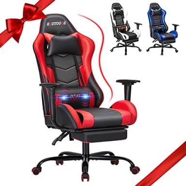 ECOTOUGE PC Massage Gaming Chair with Footrest Ergonomic Office Desk Chair Racing PU Leather Recliner Swivel Rocker with Headrest and Lumbar Pillow,Red