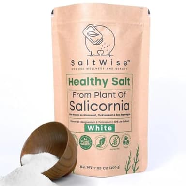 SaltWise Salicornia White Salt – Low Sodium Salt Substitute, Plant-Based Mineral Salt, Kosher, 100% Natural, No Additives (7.05 oz / 200g)