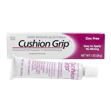 Cushion Grip Thermoplastic Denture Adhesive – Refits & Tightens Loose Dentures, Works Like a Denture Reliner for a Long-Lasting, Secure Fit & Comfort, Cushions Gums, Waterproof & Zinc-Free - 1 oz