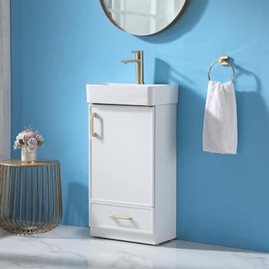 Popity home 18 Inch Small Bathroom Vanity, Narrow Bathroom Vanity with Sink Combo, White Ceramic Rectangular Vessel Sink for Small Space, 1 Door 1 Drawer Vanities with Golden Handles