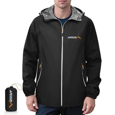 APEXUP Packable Rain Jacket Men with Reflective Zipper, Lightweight Waterproof Jacket Windbreaker Hooded Raincoat, Mens Rain Jackets for Outdoor, Running, Hiking, Travel, Cycling (Black, L)