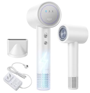 YALICE Cordless Hair Dryer Rechargeable with Digital Screen, 15000mAh Travel Hair Dryer with Magnetic Nozzle, 4 Mode Portable Hair Blow Dryers for Women Kids Outdoor Camping Beaches, White