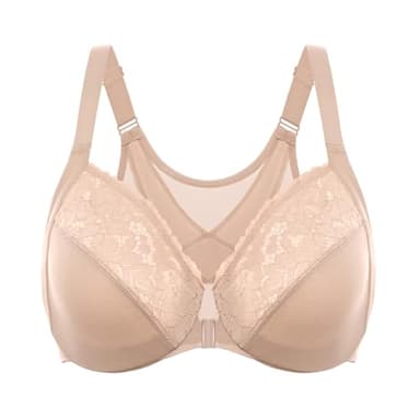DELIMIRA Women's Front Closure Bras Posture Full Coverage Plus Size Lace Underwire Unlined Bra Beige 40DD