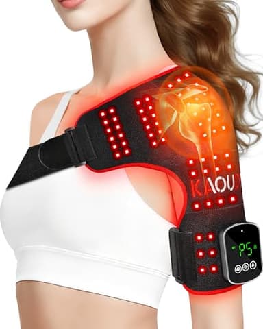 Kaoudt Cordless Red Light Therapy for Shoulder with Vibration Massage, 5000mAh Rechargeable Heated Shoulder Pad Massager, 660nm&850nm Near Infrared Light Therapy for Joint Pain Relief (Black)