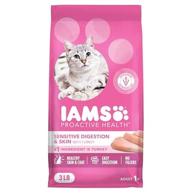 IAMS Proactive Health Sensitive Digestion & Skin Dry Cat Food, Adult Cat Food Dry Recipe with Real Turkey, 3 lb. Bag