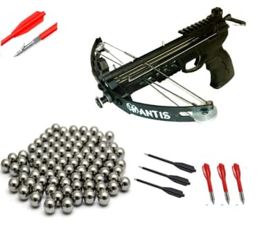 60lbs Mantis Compound Pistol Crossbow. Shoots Steel Balls and Regular Arrows. Featuring Fishing Spool and 15 Ball Magazine.