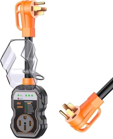 GEARGO RV Surge Protectors 50 Amp, 𝟐𝟎𝟐𝟔 𝐔𝐩𝐠𝐫𝐚𝐝𝐞𝐝 15000 Joules RV Circuit Analyzer, IP68 Surge Voltage Protection, RV Adapter Plug for Camper (Orange)