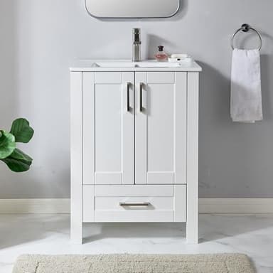 24 Inch White Bathroom Vanity with Sink, Small Bathroom Sink Cabinet, Vanity Cabinet with Rectangular Ceramic Basin, White Modern Farmhouse Bathroom Sink Vanities Set, 1 Drawer and 2 Doors