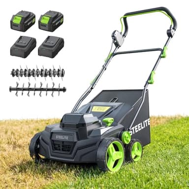 STEELITE 2 x 20V 15-Inch 2-in-1 Cordless Dethatcher and Scarifier, Brushless Electric Lawn Aerator with Collection Bag, 2 x 4.0 Ah Batteries and 2 Chargers Included
