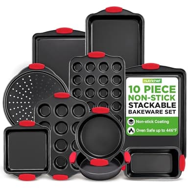 NutriChef 10-Piece Nonstick Kitchen Oven Baking Pans - Premium & Stylish Non-Stick Carbon Steel - Commercial Grade Restaurant Quality Metal Bakeware with Silicone Handles - Easy to Clean, NCSBS10S