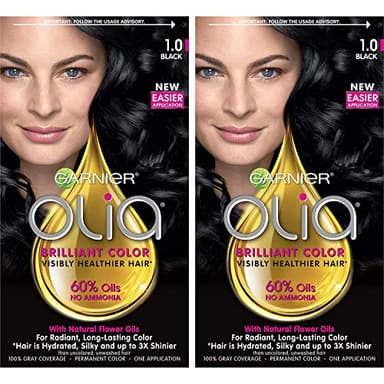 Garnier Olia Hair Color, Ammonia-Free Permanent Hair Dye, Oil-Powered Formula for 100% Gray Coverage and 3x Shinier Hair, Vegan & Cruelty Free, 1.0 Black, 2 Count