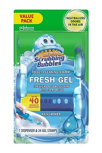 Scrubbing Bubbles Fresh Gel Toilet Bowl Cleaning Stamps, Helps Keep Toilet Clean and Helps Prevent Limescale & Rings, Rainshower Scent, 1 Dispenser with 24 Fresh Gel Stamps