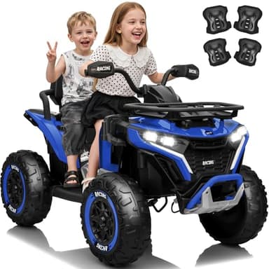 JOYRACER 24V Ride on Car, Kids ATV XL Four Wheeler w/EVA Tires, 19-Inch Leather 2 Seater, 800W Motors, Remote Control, Knee Pads, Flower, 24 Volt Ride on Toys Quad for Big Kids, Blue