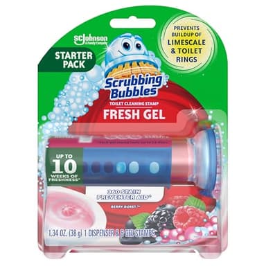 Scrubbing Bubbles Fresh Gel Toilet Bowl Cleaning Stamps, Helps Keep Toilet Clean and Helps Prevent Limescale & Rings, Berry Burst Scent, 1 Dispenser with 6 Fresh Gel Stamps
