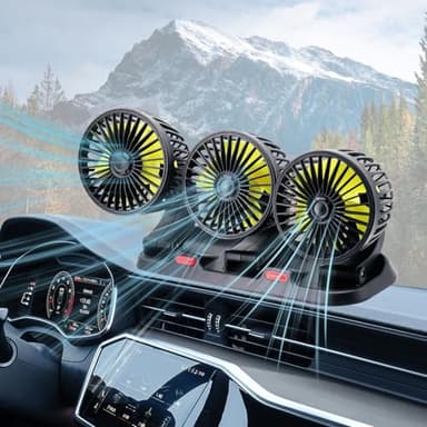 Triple-Head Fan for Car, Portable Car Fans for Vehicles Cars RV Vent with 360°Rotation Cigarette Lighter Plug