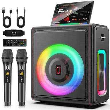 Karaoke Machine, Portable Bluetooth 5.3 Speaker with 2 Wireless Microphones for Adults, PA System with Pitch Correction & Echo Adjustment, Supports TWS/TF Card/USB/AUX/Live for Home Party (2MICS)