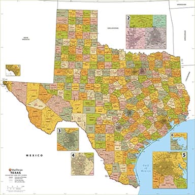 Texas ZIP Code Map with Counties - Large - 48" x 48" Laminated