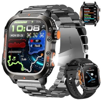 BRUBOSES GPS Smart Watch for Men (Answer/Make Calls), 2.01'' Military Rugged Smartwatches for Android iPhone Fitness Tracker with Compass/10 Days Battery/Heart Rate/Sleep/100+ Sport Modes(2 Straps)