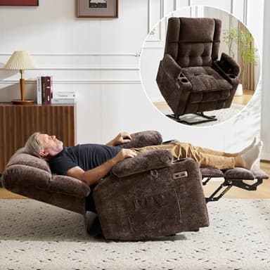 Rhevoy Oversized Power Recliner Chair for Elderly with Massage and Heat, Dual Motor Lay Flat Recliner with Arm Storage，Lift Chair for Big Tall, Infinite Position,Extended Footrest, Coffee