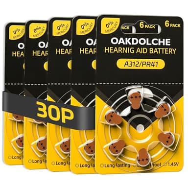OAKDOLCHE Hearing Aid Batteries Size 312, Mercury-Free Zinc Air Batteries, 1.4V Long Lasting Power, Easy to Open & Use, 30 Count