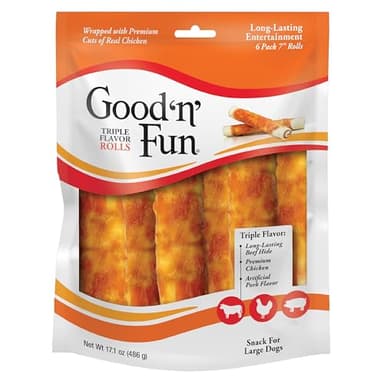 Good ‘n’ Fun Triple Flavor Rolls for Large Dogs, Treat Your Dog to Long-Lasting Chews Made with Real Beef Hide and Chicken, 6 Count