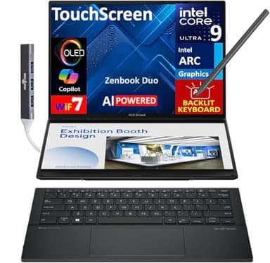 ASUS Zenbook Duo ux8406 AI Powered 2-in-1 Laptop 14.0" Touchscreen OLED 3K 120Hz Display (Intel Ultra 9-285H, 32GB LPDDR5X, 1TB PCIe SSD, Active Pen, Backlit KB, Win 11 Pro) w/DKZ USB Port Expander