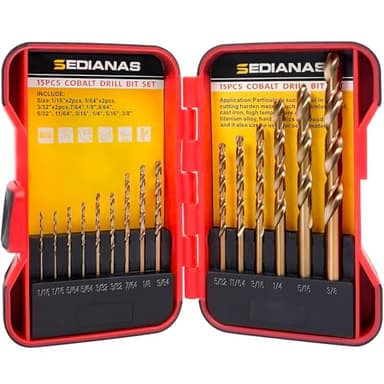 Cobalt Drill Bit Set - 15Pcs M35 HSS Twist Drill Bits, Straight Shank, Metal Drills bit Set for Hardened Metal, Stainless Steel, Cast Iron, Wood and Plastic with Index Storage Case, 1/16"-3/8"