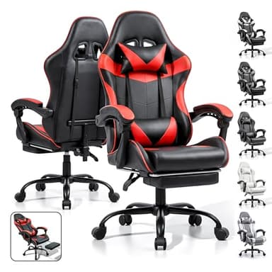 Ray Bear Gaming Chair, Ergonomic Computer Chair with Footrest and Lumbar Support, Height Adjustable Office Chair with 360° Swivel Seat and Headrest (Red & Black)