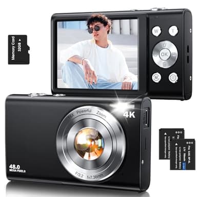 Digital Camera,Autofocus 4K Vlogging Camera for Photography with 32GB Card,48MP Portable Compact Point and Shoot Digital Camera for Teens Adult Beginner with 16X Zoom,Anti-Shake,2 Batteries(Black)