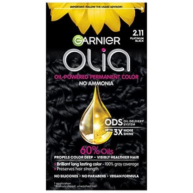 Garnier Olia Hair Color, Ammonia-Free Permanent Hair Dye, Oil-Powered Formula for 100% Gray Coverage and 3x Shinier Hair, Vegan & Cruelty Free, 2.11 Platinum Black, 1 Count