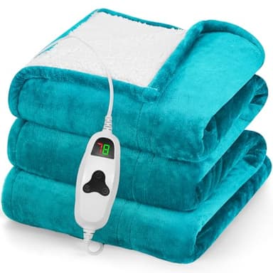 greenoak Heated Blanket Electric Throw 50"X60", Heating Blanket with 10 Heat Levels 1/2/4/6/11 Hours Auto-Off Overheat Protection, Flannel Sherpa Soft Warm Heater Blanket, ETL Certified Lake Blue