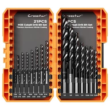 Crosstar M35 Cobalt Drill Bit Set for Hardened Metal & Stainless Steel - 21pcs Titanium Aluminum Nitride Coated (TiAlN), Three-Flute Design, 1/16"-1/2" Metal Drill Bits