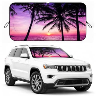 Car Windshield Sun Shade, Vacation Style Foldable Front Window Sunshade, UV Heat Protection Windshield Cover Universal Fits Crossover Mid-Large Sedan SUV Family Vehicle - 63 x 31.5