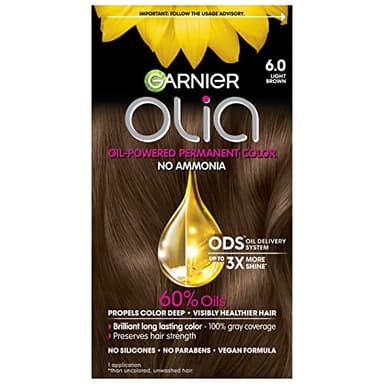 Garnier Olia Hair Color, Ammonia-Free Permanent Hair Dye, Oil-Powered Formula for 100% Gray Coverage and 3x Shinier Hair, Vegan & Cruelty Free, 6.0 Light Brown, 1 Count