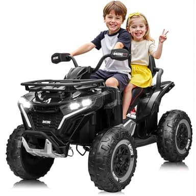 JORFLY 24V Ride on Car, Kids ATV XL Four Wheeler w/EVA Tires, 19-Inch Leather 2 Seater, 800W Motors, Remote Control, Knee Pads, Flower, 24 Volt Ride on Toys Quad for Big Kids, Black