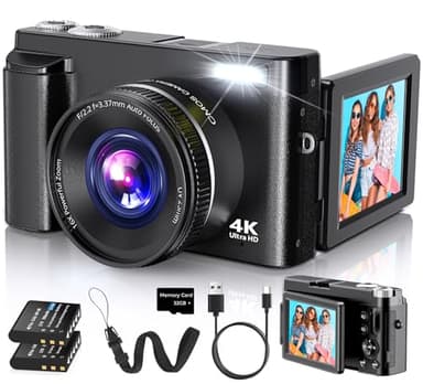 Duluvulu 4K Digital Camera for Photography Autofocus, 2026 Latest 48MP Vlogging Camera for YouTube with SD Card, 2 Batteries, 3" 180°Flip Screen Compact Travel Camera for Teens with 16X Zoom,Black