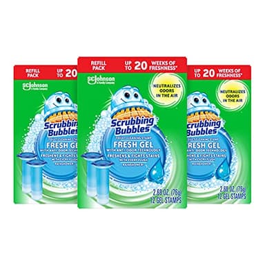 Scrubbing Bubbles Fresh Gel Toilet Bowl Cleaning Stamps Refills, Helps Keep Toilet Clean and Helps Prevent Limescale & Rings, Rainshower Scent, 12 Stamps (Pack of 3)