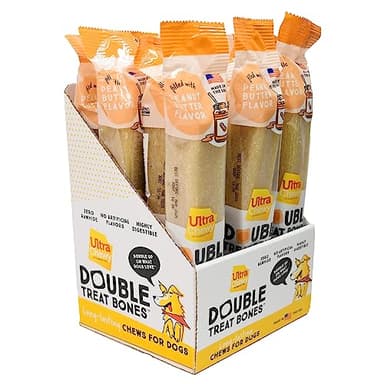 Ultra Chewy Peanut Butter Double Treat Bones: Long-Lasting Dog Treats Made in USA for Large and Small Breeds, Highly Digestible, Ideal for Aggressive Chewers (12 Count)