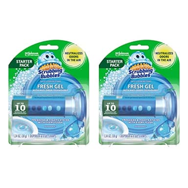 Scrubbing Bubbles Fresh Gel Toilet Bowl Cleaning Stamps, Helps Keep Toilet Clean and Helps Prevent Limescale & Rings, Rainshower Scent, 1 Dispenser with 6 Fresh Gel Stamps (Pack of 2)