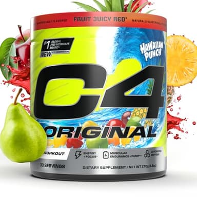 C4 Original Pre Workout Powder Sugar Free for Men & Women 200mg Caffeine + CarnoSyn Beta-Alanine + Creatine + AI Peptides - Hawaiian Punch, 30 Servings