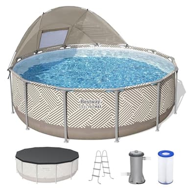 Bestway Steel Pro MAX 13' x 42" Above Ground Pool, Round Metal Frame Outdoor Swimming Pool Set with Canopy, Filter Pump, Ladder, and Cover, Taupe