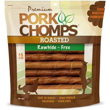 Pork Chomps Roasted Pork Skin Dog Chews, 6 Inch Twists, 15 Count - Long-Lasting Treats for Dogs - High Protein, Rawhide-Free, Low Fat, Healthy & Delicious Chews