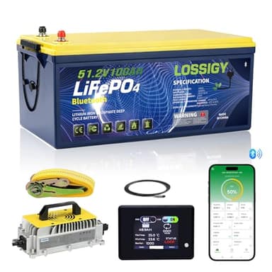 LOSSIGY 48V Lithium Golf Cart Battery, 48 Volt Golf Cart Battery Conversion Kit with Charger&LCD Monitor, Built in 200A Bluetooth BMS, Peak Current 1000A(3-5s), Prefect for Golf Cart RV Solar System