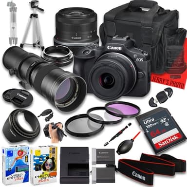 Canon EOS R100 Mirrorless Camera with RF-S 18-45mm f/4.5-6.3 is STM and 420-800mm f/8 Manual Super HD Telephoto Lens + 64 GB Memory + Extra Battery + Camera Case + More (22pc Bundle) (Renewed)