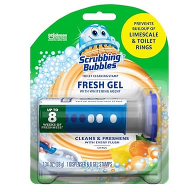 Scrubbing Bubbles Fresh Gel Toilet Bowl Cleaning Stamps, Helps Keep Toilet Clean and Helps Prevent Limescale & Rings, Citrus Scent, 1 Dispenser with 6 Fresh Gel Stamps