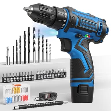 Cordless Drill Set,12V Power Drill Driver 3/8" Keyless Chuck with 92 Acessories, Built-in LED Light, 25+1 Position, Electric Drill for Home DIY Projects（Blue）