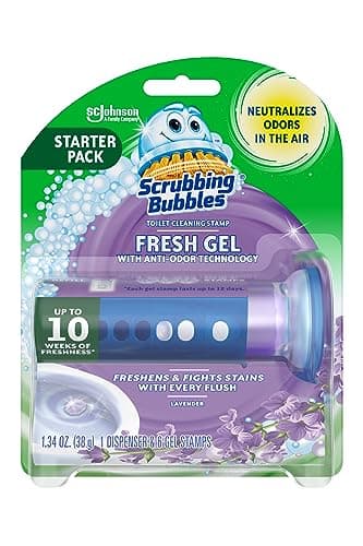 Scrubbing Bubbles Fresh Gel Toilet Bowl Cleaning Stamps, Helps Keep Toilet Clean and Helps Prevent Limescale & Rings, Lavender Scent, 1 Dispenser with 6 Fresh Gel Stamps