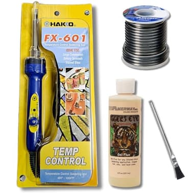Soldering Iron Kit for Stained Glass – Includes Hakko FX-601-02 (67W) Adjustable Temperature Soldering Iron, Amerway 60/40 1LB Solder, Tiger’s Eye Gel Flux 8oz & Flux Brush – Hobby & DIY Kit