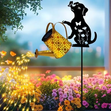 Solar Lights Outdoor Decorative, Watering Can with Cascading Lights, with Dog Silhouette Garden Stakes, Gifts for Mom Women, Waterproof Metal Garden Decor for Yard Art, Outside(1 Pack)