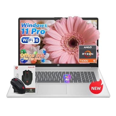 HP 17 inch laptops, AMD Ryzen 5 7430U(Beats i7-1355U), 20GB RAM 512GB NVMe SSD, Windows 11 Pro + Office 365 for the Web, 17.3" FHD IPS, USB-C, Numeric Keyboard, w/AI Voice Recorder